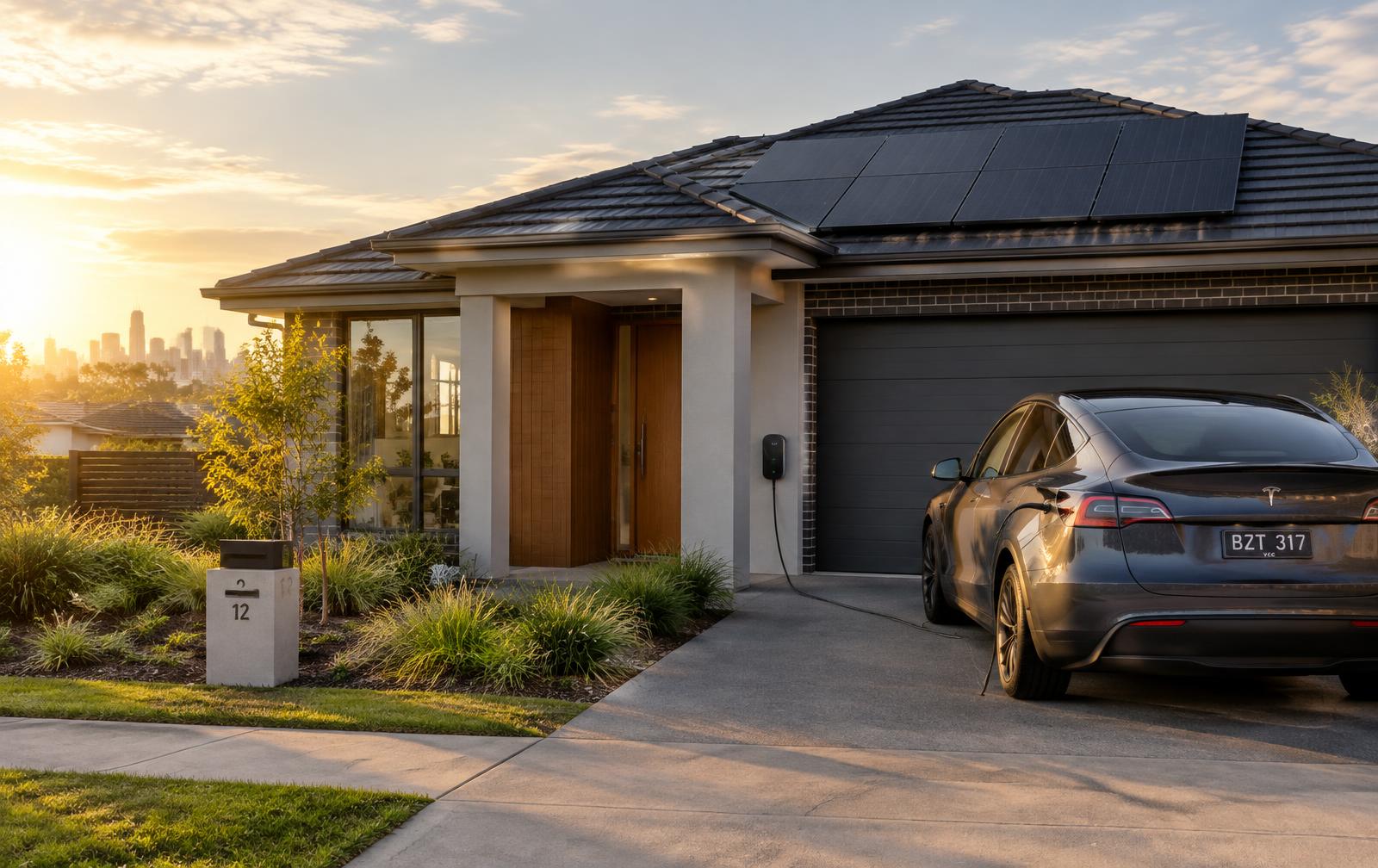 New home with solar panels and an EV charging in the driveway